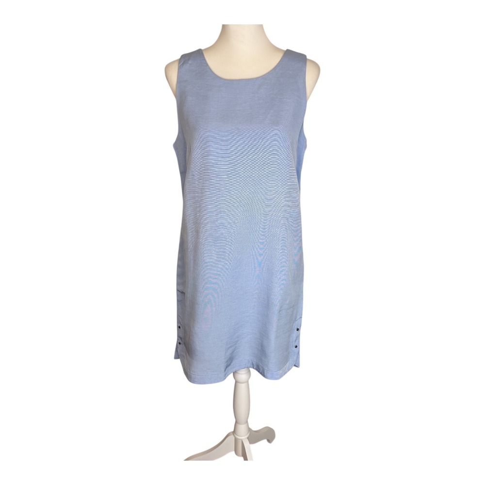 FRNCH Paris Blue Ribbed Sleeveless Shift Dress V-Back Side Snaps Size M Pastel